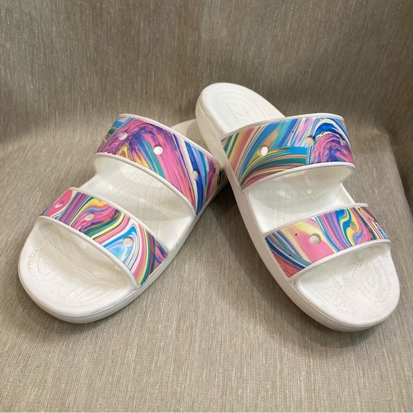 CROCS Sz 9 Out of this World Cloud Swirl Watercolour Slides Slip On Sandals - Picture 2 of 11